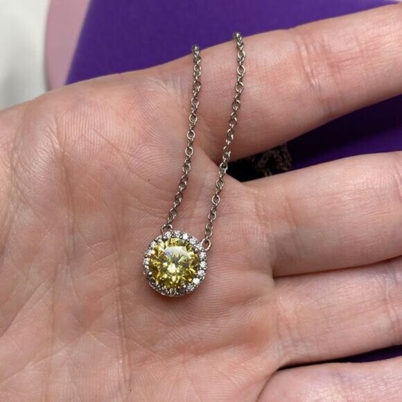 925 Yellow White CZ Halo Necklace - Picture 5 of 7